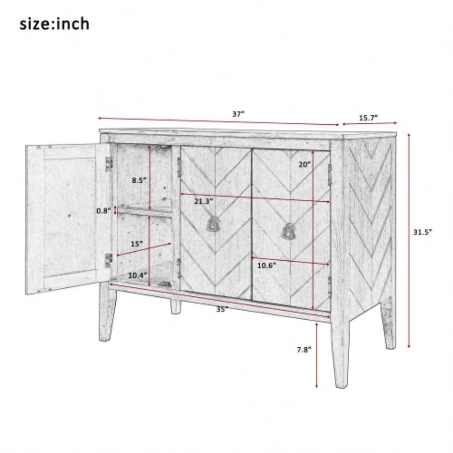 USTYLE Adjustable Shelf Storage Sideboard with 3 Retro Metal Handles and 4 Pinewood, Entryway, Living Room, Study Room, Dining Room