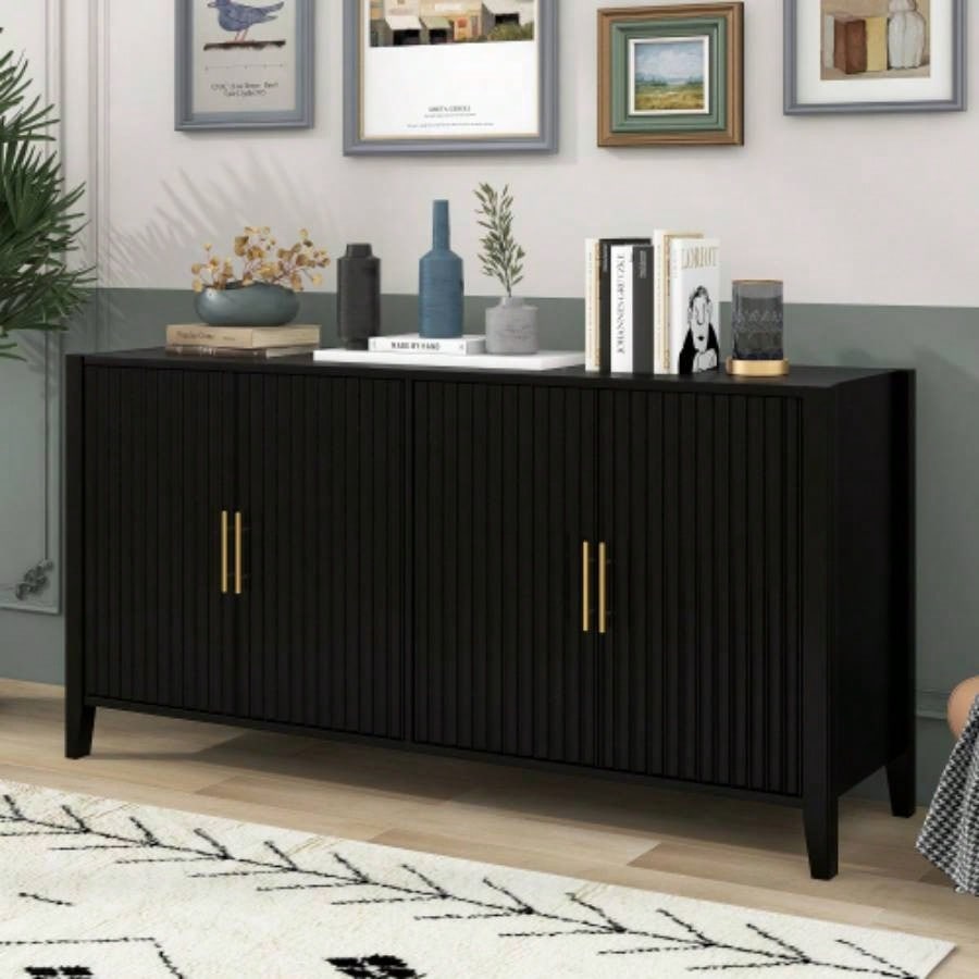 UStyle 63.1Modern 4 - Vertical Wavy Slatted Doors Sideboard, Storage Cabinet With Elegant Design, Solid Wood with Painted, Metal Handles, Dining Room, Living Room, Kitchen, or EntrywayBlack