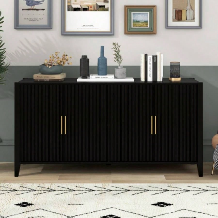 UStyle 63.1Modern 4 - Vertical Wavy Slatted Doors Sideboard, Storage Cabinet With Elegant Design, Solid Wood with Painted, Metal Handles, Dining Room, Living Room, Kitchen, or EntrywayBlack