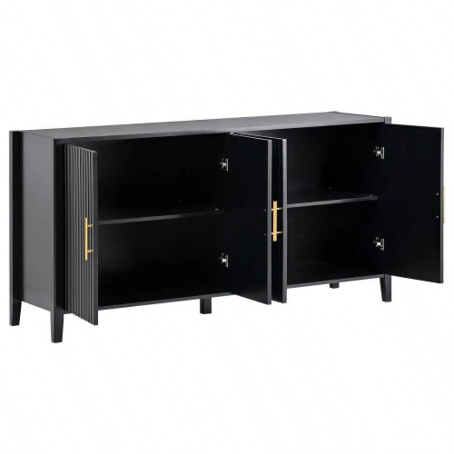 UStyle 63.1Modern 4 - Vertical Wavy Slatted Doors Sideboard, Storage Cabinet With Elegant Design, Solid Wood with Painted, Metal Handles, Dining Room, Living Room, Kitchen, or EntrywayBlack