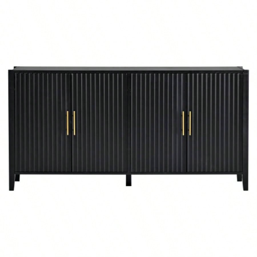 UStyle 63.1Modern 4 - Vertical Wavy Slatted Doors Sideboard, Storage Cabinet With Elegant Design, Solid Wood with Painted, Metal Handles, Dining Room, Living Room, Kitchen, or EntrywayBlack
