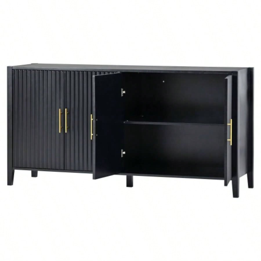 UStyle 63.1Modern 4 - Vertical Wavy Slatted Doors Sideboard, Storage Cabinet With Elegant Design, Solid Wood with Painted, Metal Handles, Dining Room, Living Room, Kitchen, or EntrywayBlack