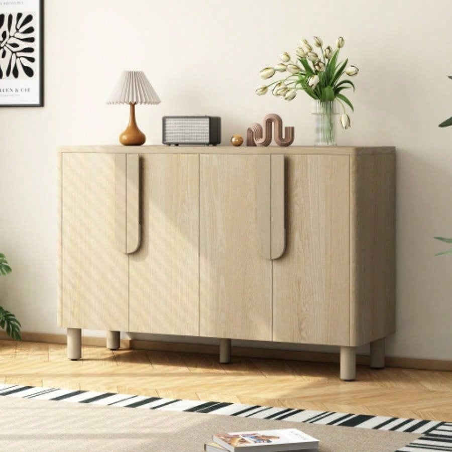 TREXM 4 - Door Buffet Cabinet with Storage, Wood Sideboard Cabinet with Unique Handles and Adjustable Shelves Dining Room, Kitchen, and Living Room Natural