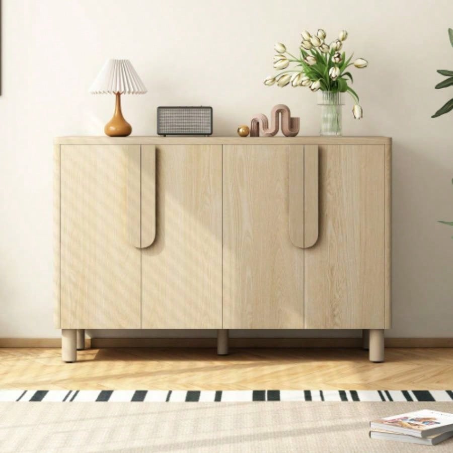 TREXM 4 - Door Buffet Cabinet with Storage, Wood Sideboard Cabinet with Unique Handles and Adjustable Shelves Dining Room, Kitchen, and Living Room Natural