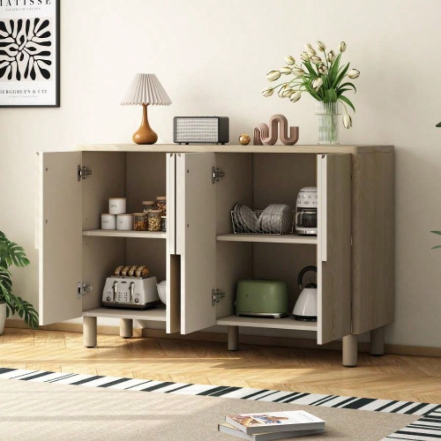 TREXM 4 - Door Buffet Cabinet with Storage, Wood Sideboard Cabinet with Unique Handles and Adjustable Shelves Dining Room, Kitchen, and Living Room Natural