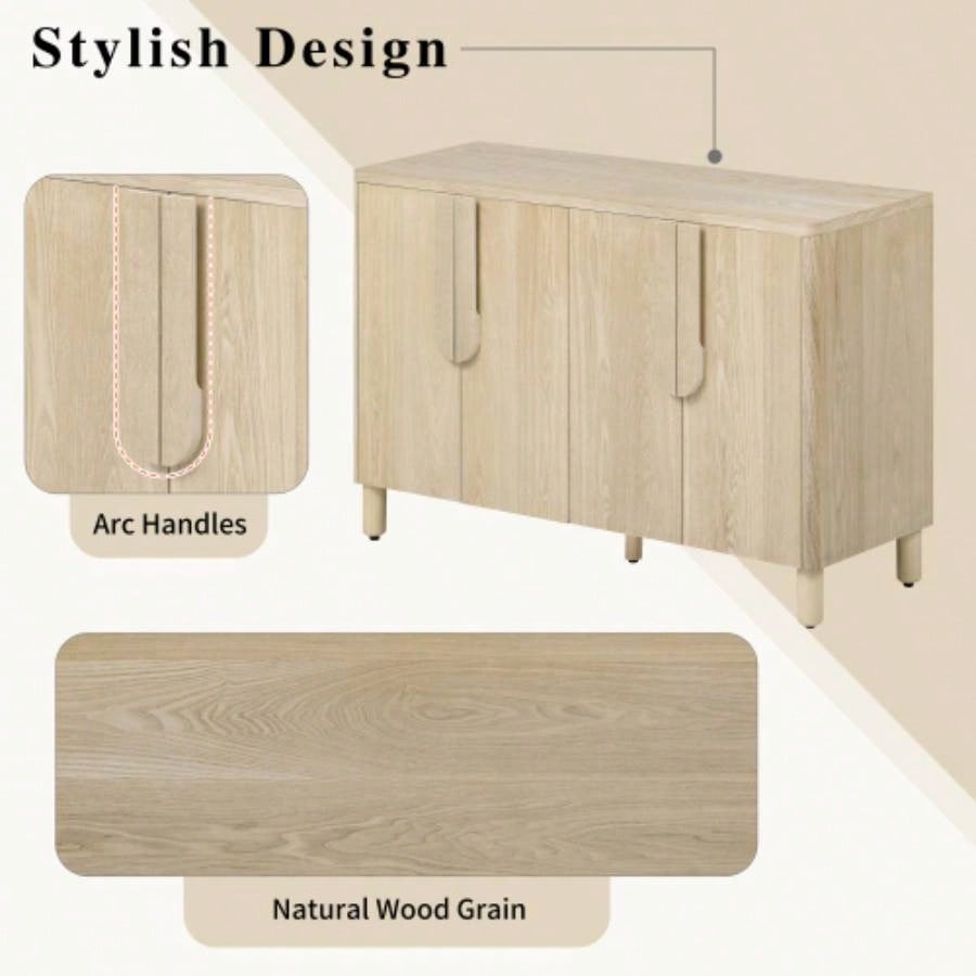 TREXM 4 - Door Buffet Cabinet with Storage, Wood Sideboard Cabinet with Unique Handles and Adjustable Shelves Dining Room, Kitchen, and Living Room Natural
