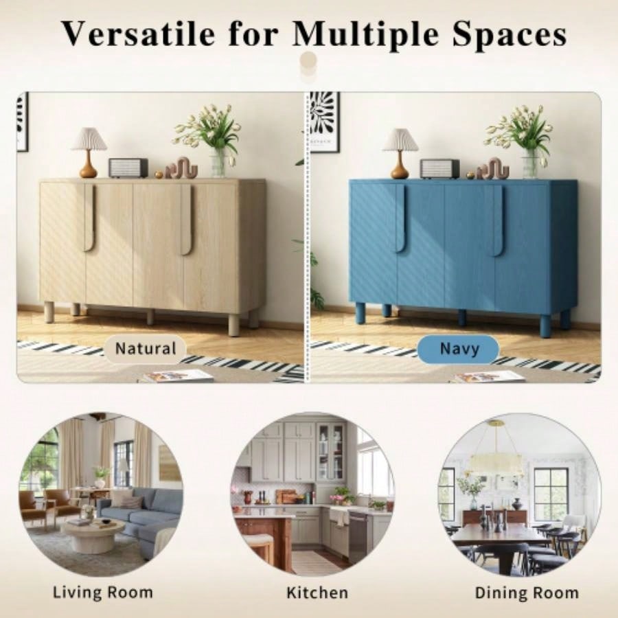 TREXM 4 - Door Buffet Cabinet with Storage, Wood Sideboard Cabinet with Unique Handles and Adjustable Shelves Dining Room, Kitchen, and Living Room Natural