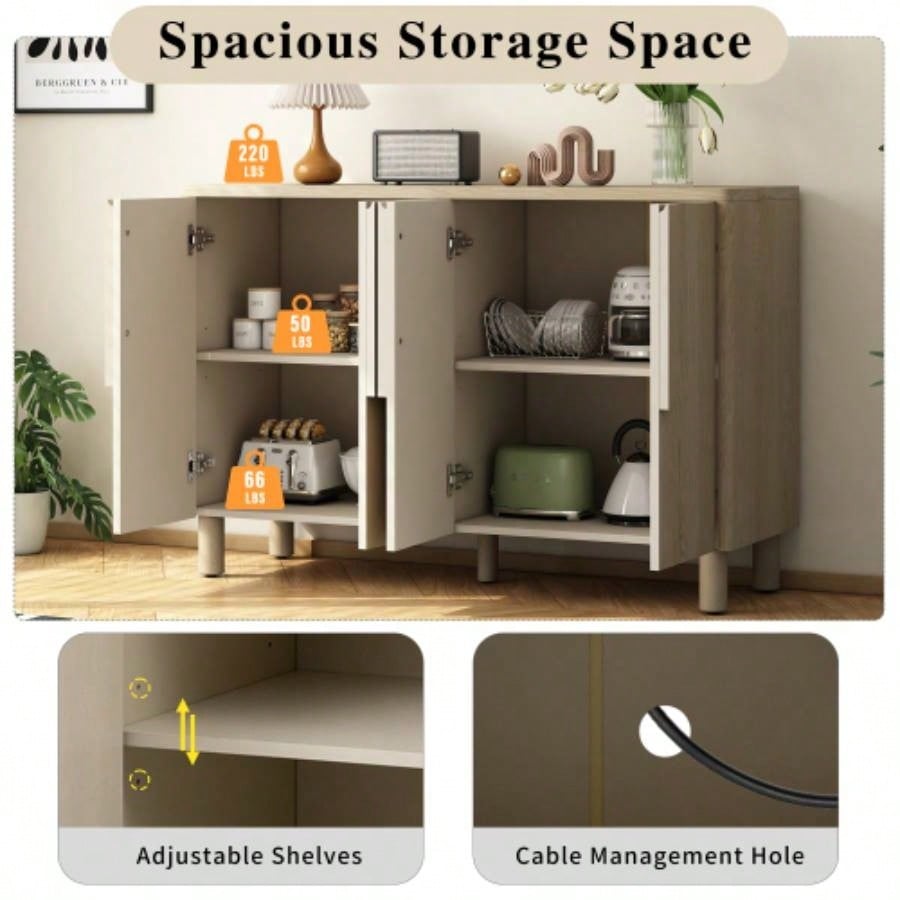 TREXM 4 - Door Buffet Cabinet with Storage, Wood Sideboard Cabinet with Unique Handles and Adjustable Shelves Dining Room, Kitchen, and Living Room Natural