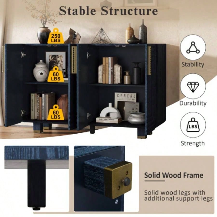 TREXM 54 Retro Buffet Cabinet with Storage, 4 - Door Vintage Fluted Sideboard Cabinet with Adjustable Shelves Dining Room, Kitchen, and Living Room Antique Navy