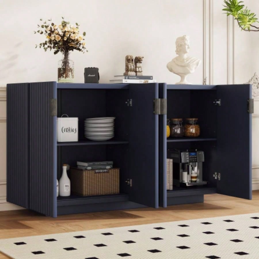 TREXM Buffet Cabinet with Storage, Sideboard Cabinet with Ample Storage Space, 4 Fluted Doors Credenza Storage Cabinet with Adjustable Shelves Dining Room and Living Room ANTIQUE NAVY