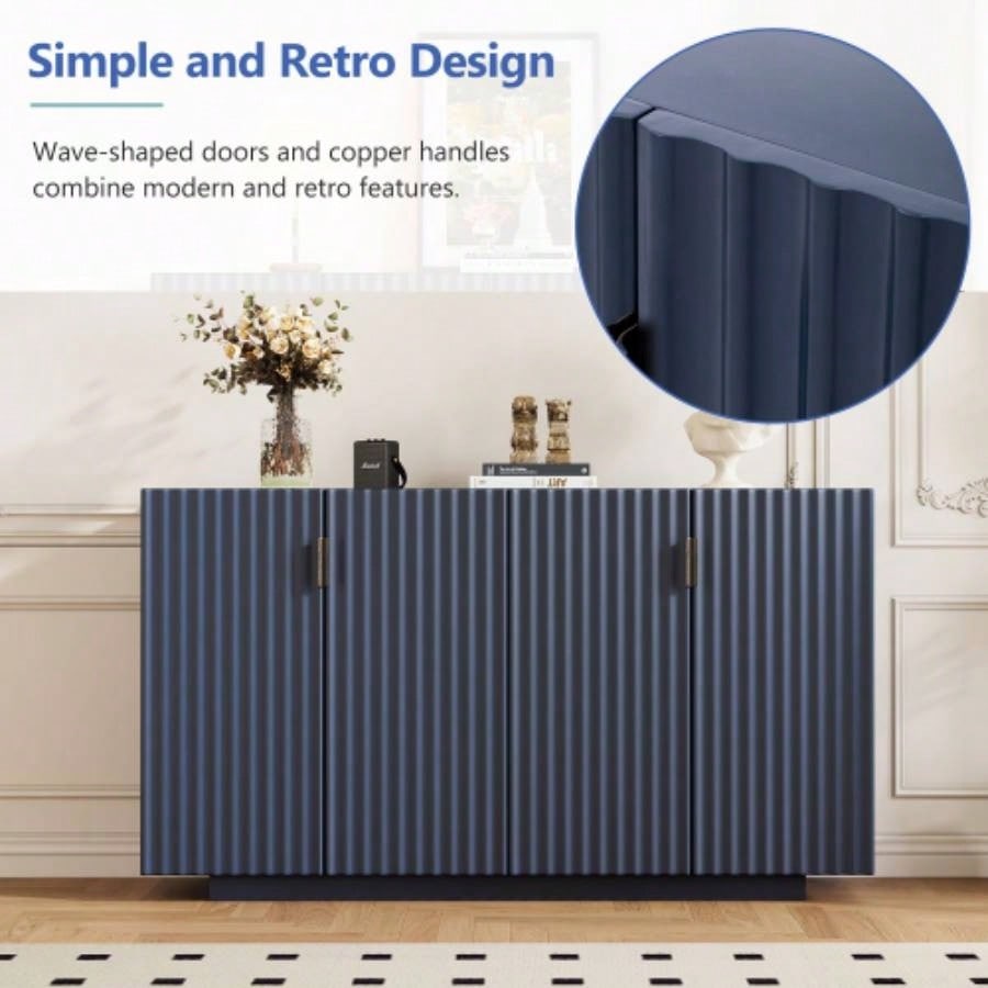 TREXM Buffet Cabinet with Storage, Sideboard Cabinet with Ample Storage Space, 4 Fluted Doors Credenza Storage Cabinet with Adjustable Shelves Dining Room and Living Room ANTIQUE NAVY