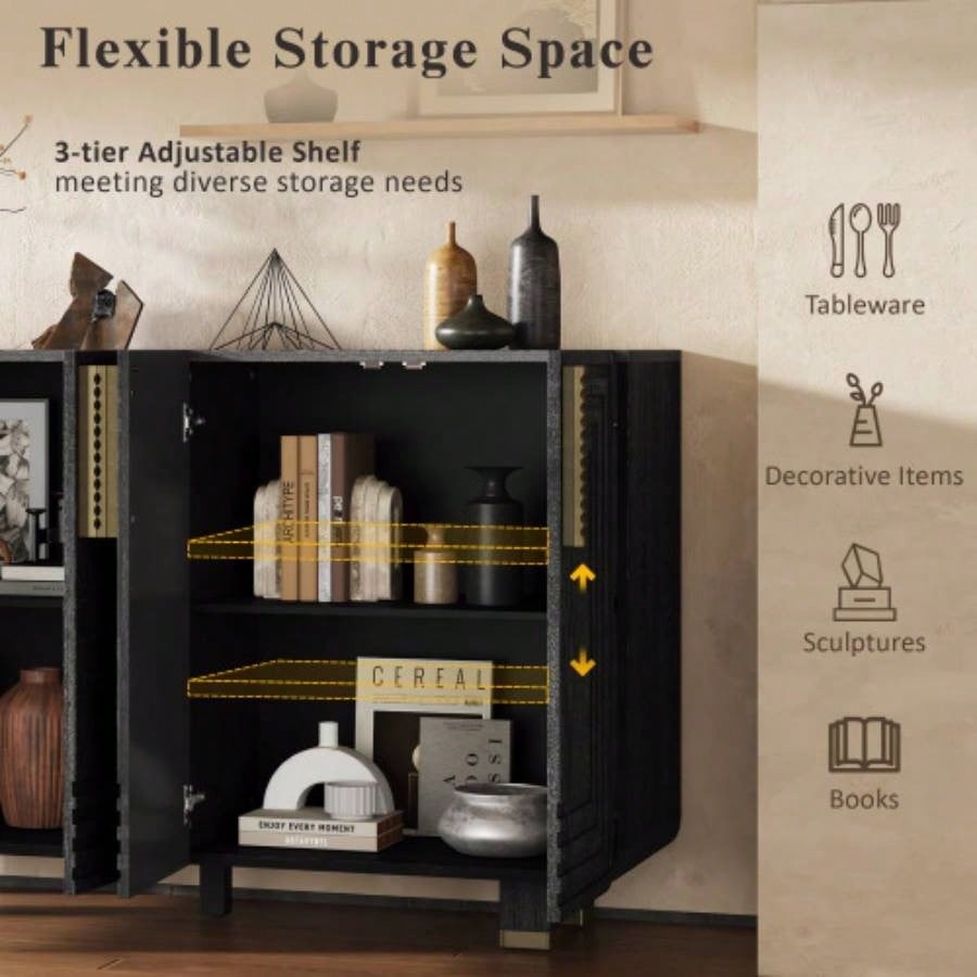 TREXM 54 Retro Buffet Cabinet with Storage, 4 - Door Vintage Fluted Sideboard Cabinet with Adjustable Shelves Dining Room, Kitchen, and Living Room Black
