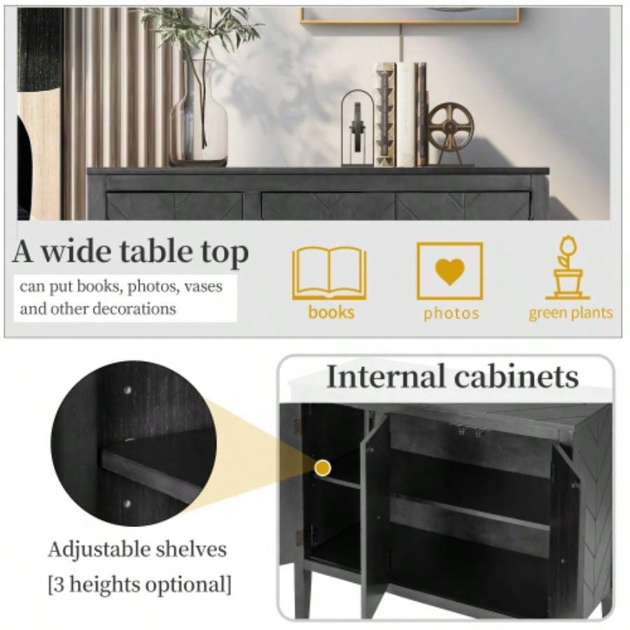 USTYLE Adjustable Shelf Storage Sideboard with 3 Retro Metal Handles and 4 Pinewood, Entryway, Living Room, Study Room, Dining Room
