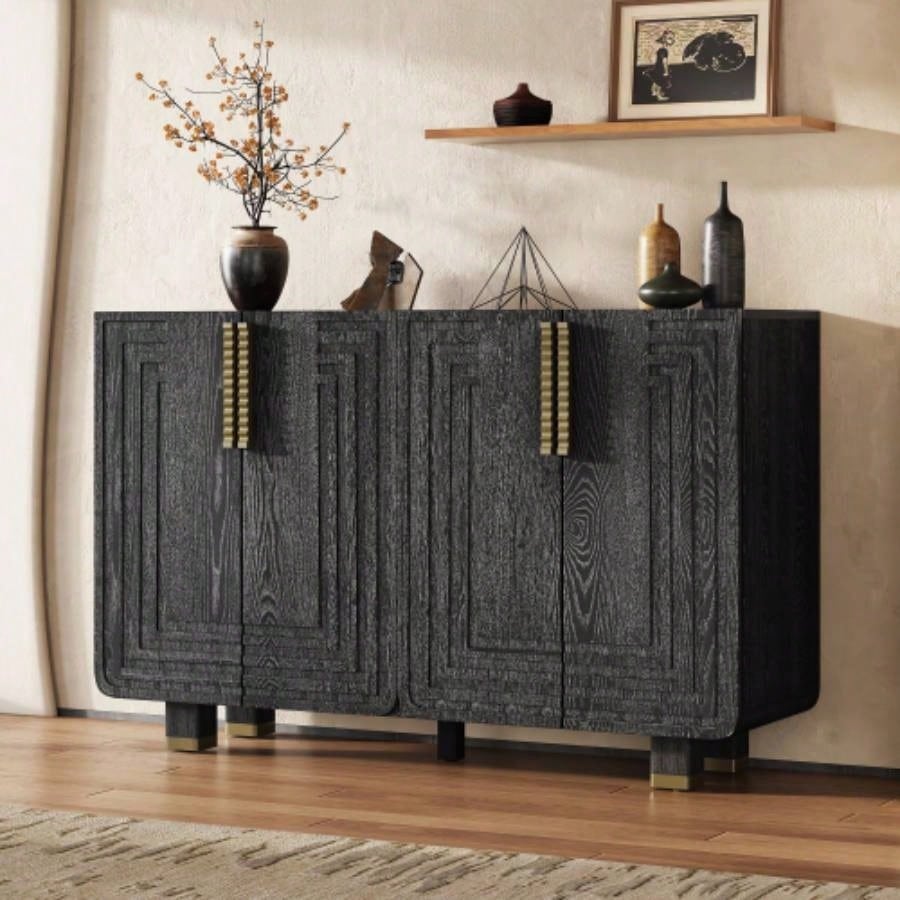 TREXM 54 Retro Buffet Cabinet with Storage, 4 - Door Vintage Fluted Sideboard Cabinet with Adjustable Shelves Dining Room, Kitchen, and Living Room Black