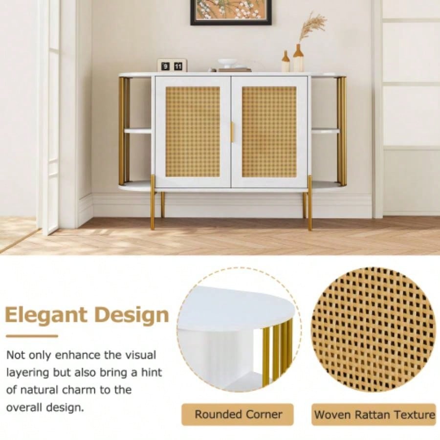TREXM 2 - Door Elegant Curved Dining Cabinet with Gold Trim and Woven Rattan Doors Dining Room White