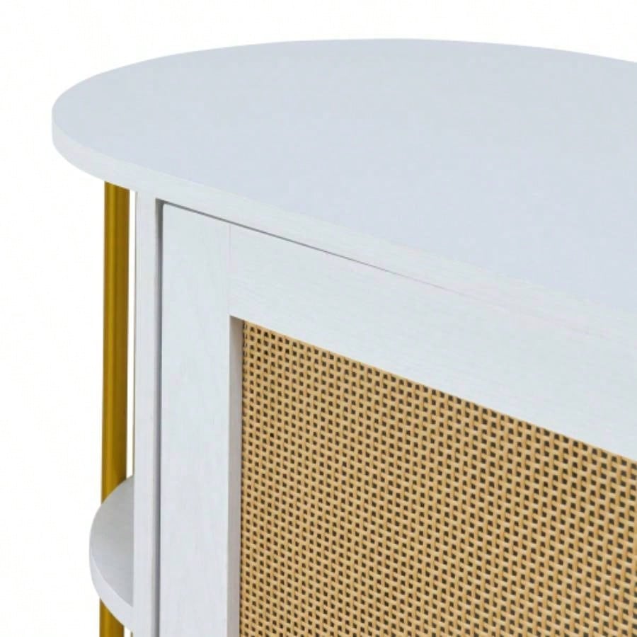 TREXM 2 - Door Elegant Curved Dining Cabinet with Gold Trim and Woven Rattan Doors Dining Room White