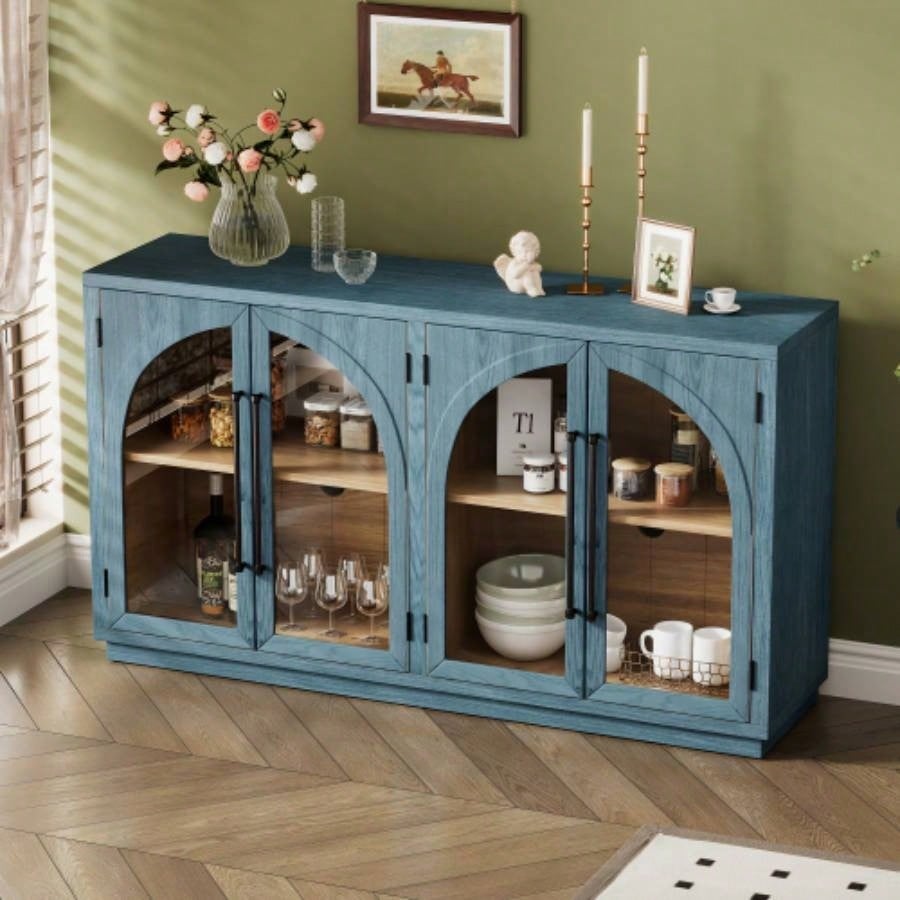 TREXM 4 - Door Large Storage Sideboard Buffet Cabinet with Glass Doors, Arched Cabinet with Adjustable Shelves Kitchen, Dining Room and Living Room Navy