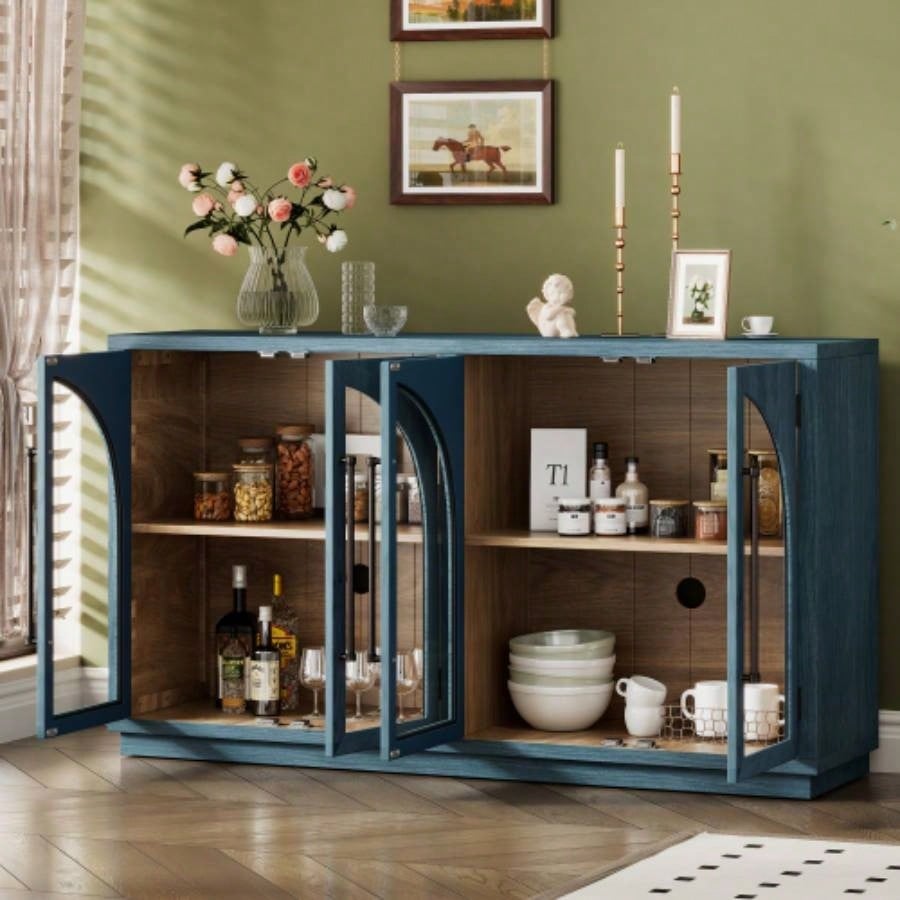 TREXM 4 - Door Large Storage Sideboard Buffet Cabinet with Glass Doors, Arched Cabinet with Adjustable Shelves Kitchen, Dining Room and Living Room Navy