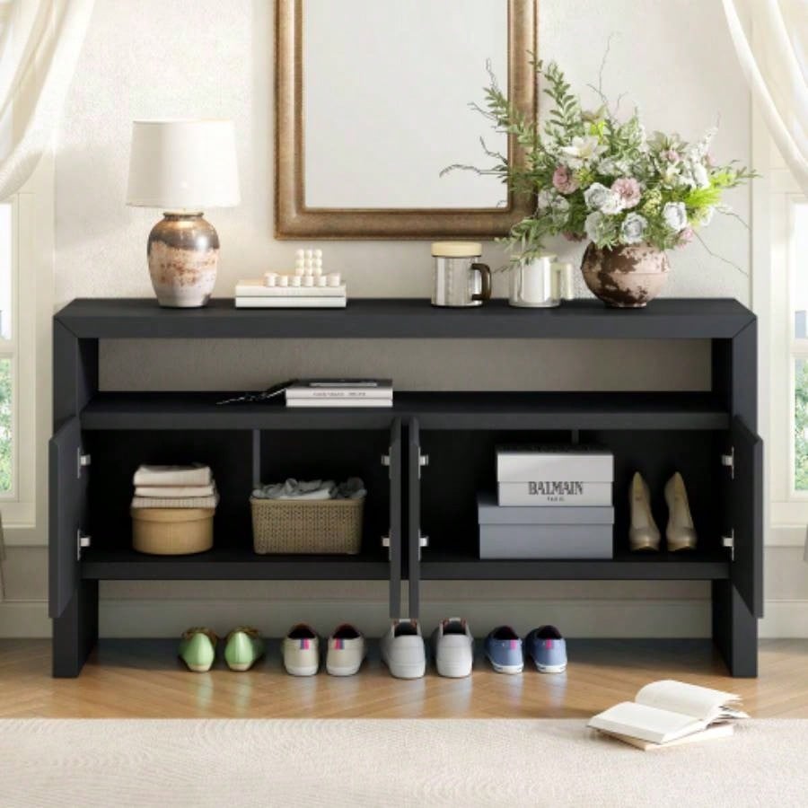 UStyle 60 4 - Door Sideboard, Modern Minimalist Solid Wood Veneer Sideboard with Open Shelf, Natural Wood Grain, Large Capacity Storage Console Living Room, Hallway, Dining Black/Natural