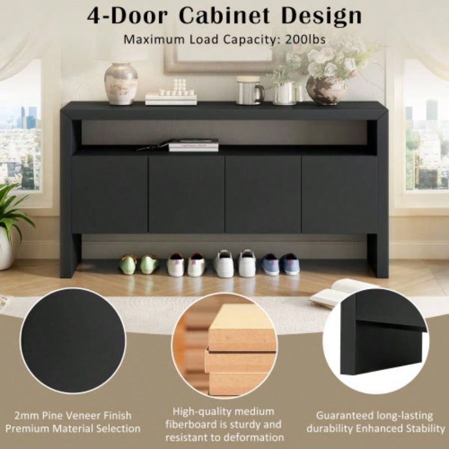 UStyle 60 4 - Door Sideboard, Modern Minimalist Solid Wood Veneer Sideboard with Open Shelf, Natural Wood Grain, Large Capacity Storage Console Living Room, Hallway, Dining Black/Natural