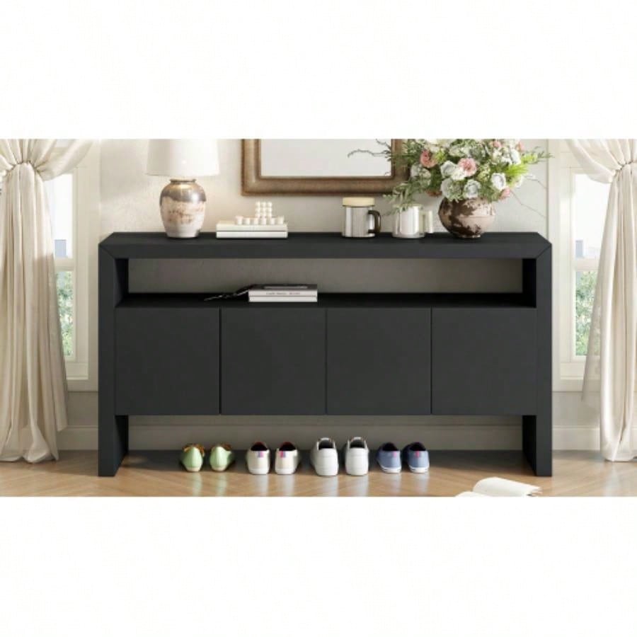 UStyle 60 4 - Door Sideboard, Modern Minimalist Solid Wood Veneer Sideboard with Open Shelf, Natural Wood Grain, Large Capacity Storage Console Living Room, Hallway, Dining Black/Natural