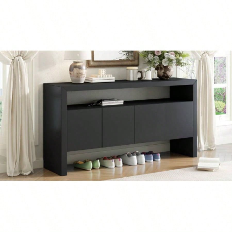 UStyle 60 4 - Door Sideboard, Modern Minimalist Solid Wood Veneer Sideboard with Open Shelf, Natural Wood Grain, Large Capacity Storage Console Living Room, Hallway, Dining Black/Natural