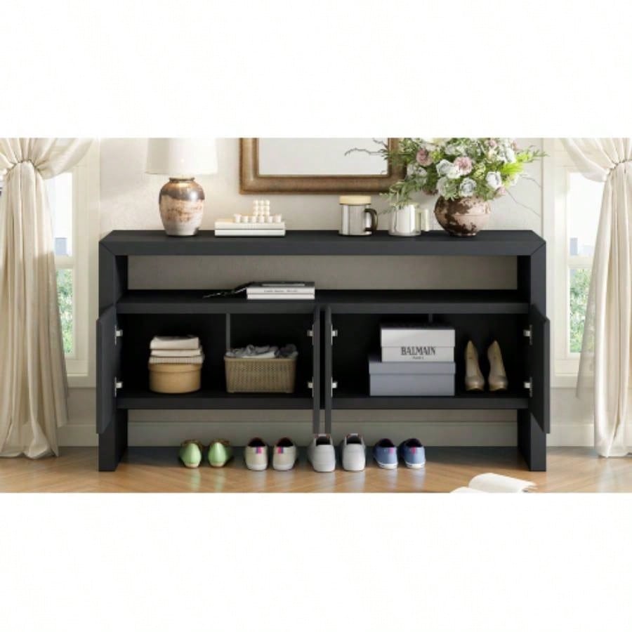 UStyle 60 4 - Door Sideboard, Modern Minimalist Solid Wood Veneer Sideboard with Open Shelf, Natural Wood Grain, Large Capacity Storage Console Living Room, Hallway, Dining Black/Natural