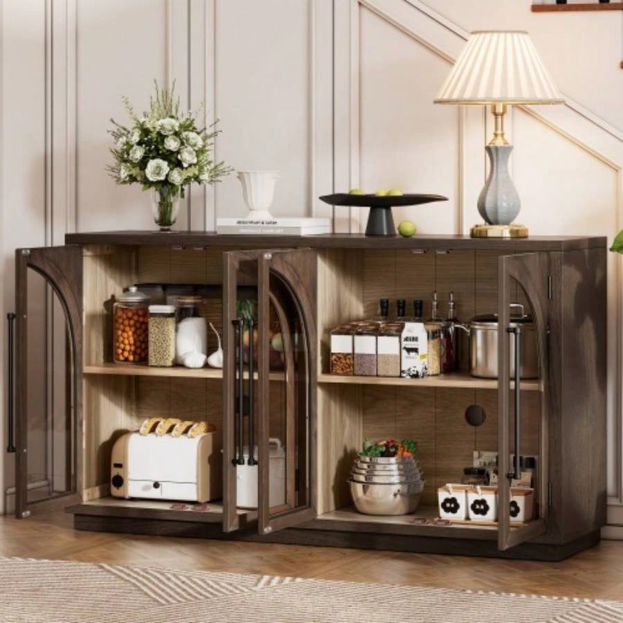 TREXM 4 - Door Large Storage Sideboard Buffet Cabinet with Glass Doors, Arched Cabinet with Adjustable Shelves Kitchen, Dining Room and Living Room Espresso