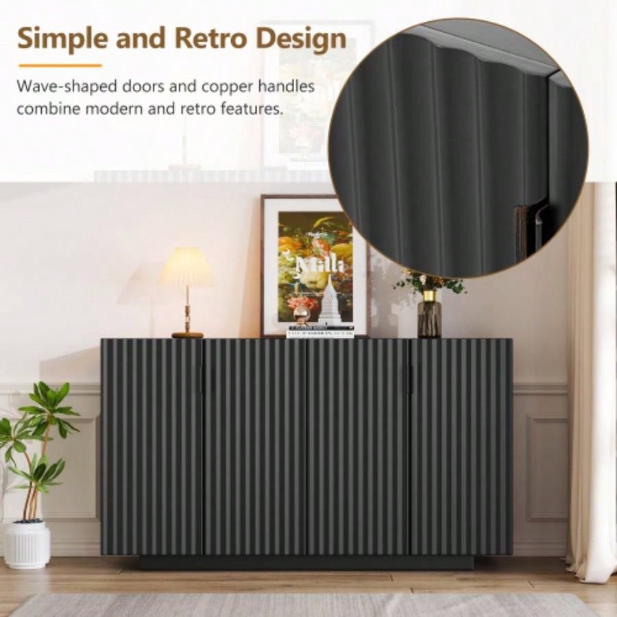 TREXM Buffet Cabinet with Storage, Sideboard Cabinet with Ample Storage Space, 4 Fluted Doors Credenza Storage Cabinet with Adjustable Shelves Dining Room and Living Room BLACK