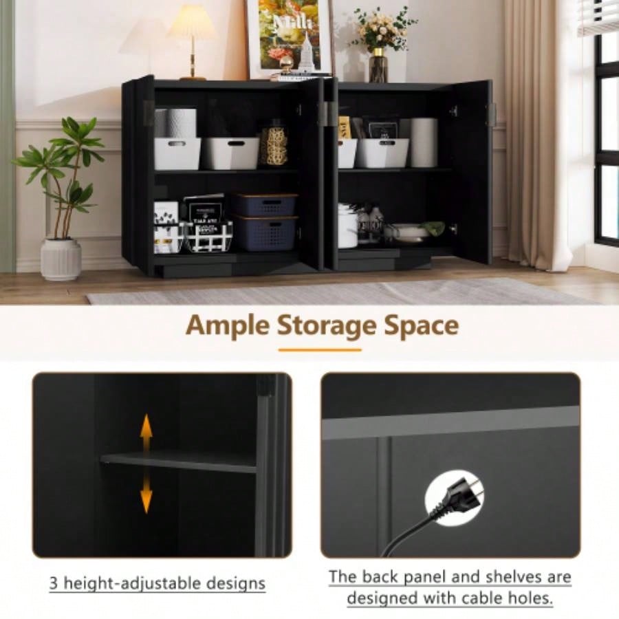 TREXM Buffet Cabinet with Storage, Sideboard Cabinet with Ample Storage Space, 4 Fluted Doors Credenza Storage Cabinet with Adjustable Shelves Dining Room and Living Room BLACK
