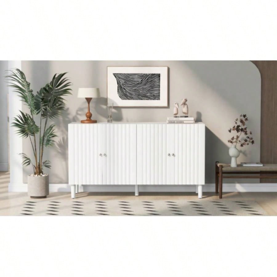 USTYLE Elegant Four - Door Sideboard with Wavy Pattern Doors, Cylindrical, and Sleek Metal Handles, Adjustable, Suitable Study, Entryway and Living Room