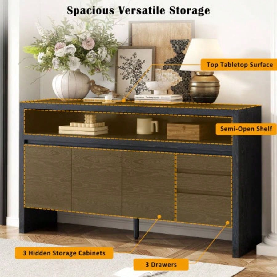 UStyle 60 3 - Door Sideboard with 3 Drawers - Modern Solid Ash Veneer MDF Sideboard, Semi - Open Shelf Center Semi - Circular Cutout in Back Panel, Large Storage Cabinet Living Room, Hallway, Dining