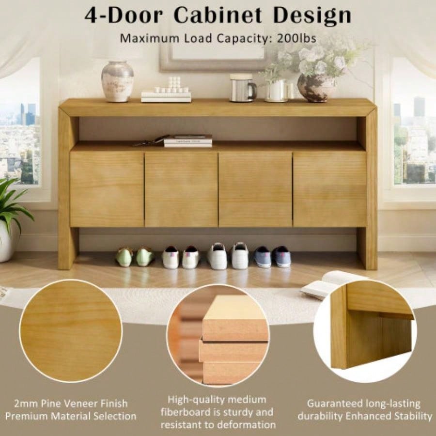 UStyle 60 4 - Door Sideboard, Modern Minimalist Solid Wood Veneer Sideboard with Open Shelf, Natural Wood Grain, Large Capacity Storage Console Living Room, Hallway, Dining Black/Natural
