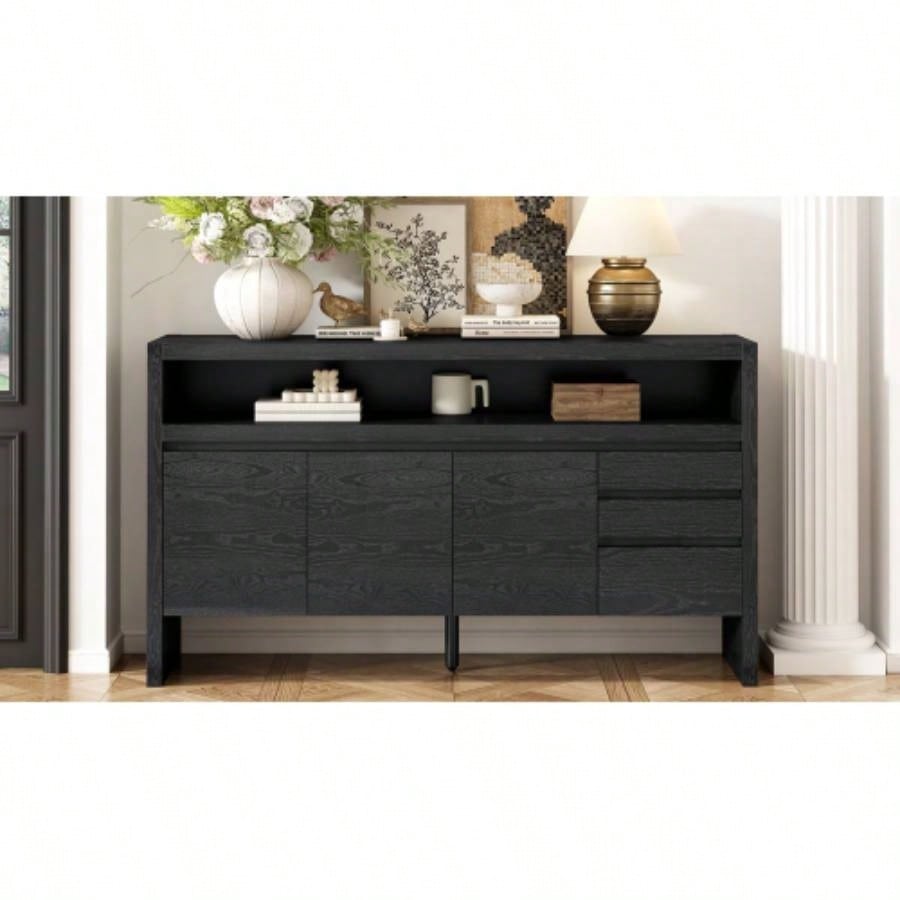 UStyle 60 3 - Door Sideboard with 3 Drawers - Modern Solid Ash Veneer MDF Sideboard, Semi - Open Shelf Center Semi - Circular Cutout in Back Panel, Large Storage Cabinet Living Room, Hallway, Dining
