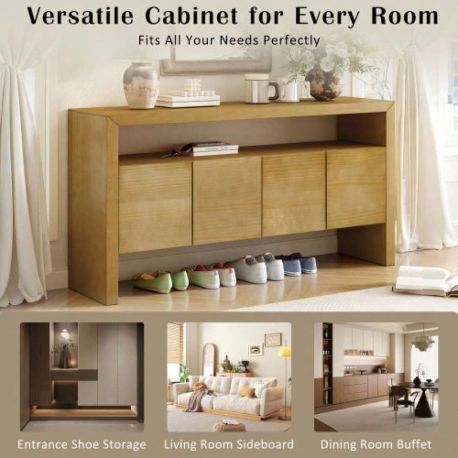 UStyle 60 4 - Door Sideboard, Modern Minimalist Solid Wood Veneer Sideboard with Open Shelf, Natural Wood Grain, Large Capacity Storage Console Living Room, Hallway, Dining Black/Natural
