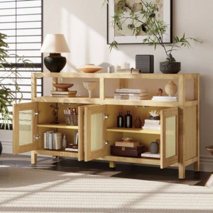 TREXM Bohemian Style Rattan Buffet Storage Cabinet with Solid Wood Frame, Sideboard with 3 - position Adjustable Shelves Living Dining Rooms, No - Handle Push - to - Open Design Natural