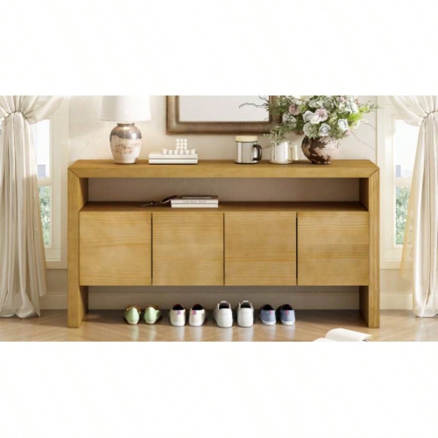 UStyle 60 4 - Door Sideboard, Modern Minimalist Solid Wood Veneer Sideboard with Open Shelf, Natural Wood Grain, Large Capacity Storage Console Living Room, Hallway, Dining Black/Natural