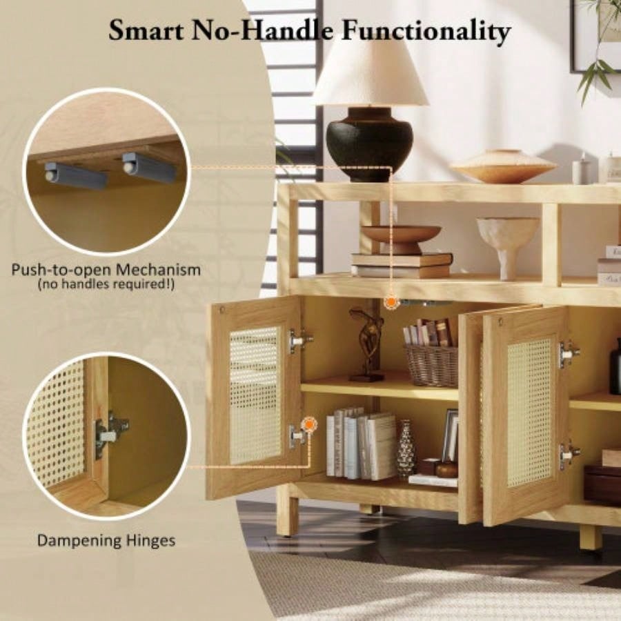 TREXM Bohemian Style Rattan Buffet Storage Cabinet with Solid Wood Frame, Sideboard with 3 - position Adjustable Shelves Living Dining Rooms, No - Handle Push - to - Open Design Natural