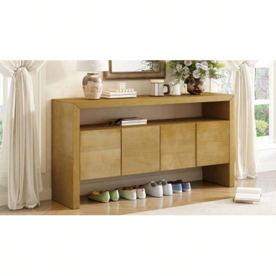 UStyle 60 4 - Door Sideboard, Modern Minimalist Solid Wood Veneer Sideboard with Open Shelf, Natural Wood Grain, Large Capacity Storage Console Living Room, Hallway, Dining Black/Natural