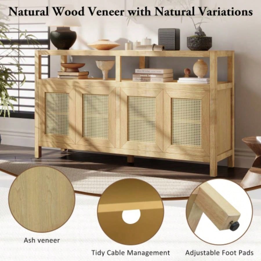 TREXM Bohemian Style Rattan Buffet Storage Cabinet with Solid Wood Frame, Sideboard with 3 - position Adjustable Shelves Living Dining Rooms, No - Handle Push - to - Open Design Natural
