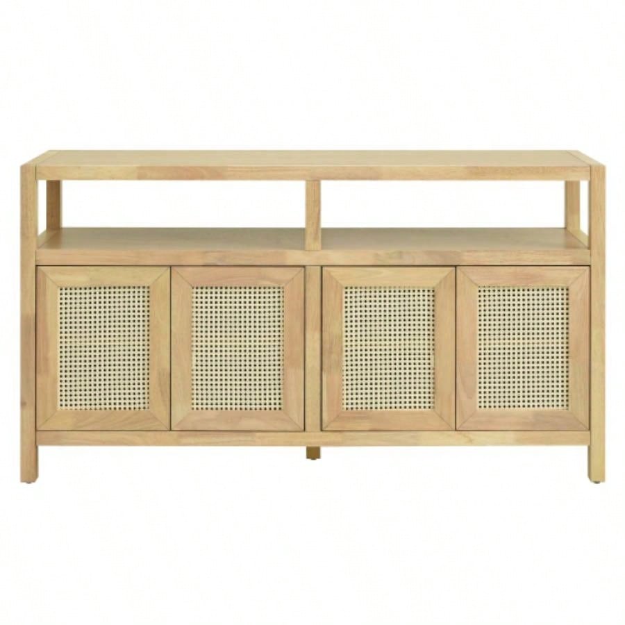 TREXM Bohemian Style Rattan Buffet Storage Cabinet with Solid Wood Frame, Sideboard with 3 - position Adjustable Shelves Living Dining Rooms, No - Handle Push - to - Open Design Natural