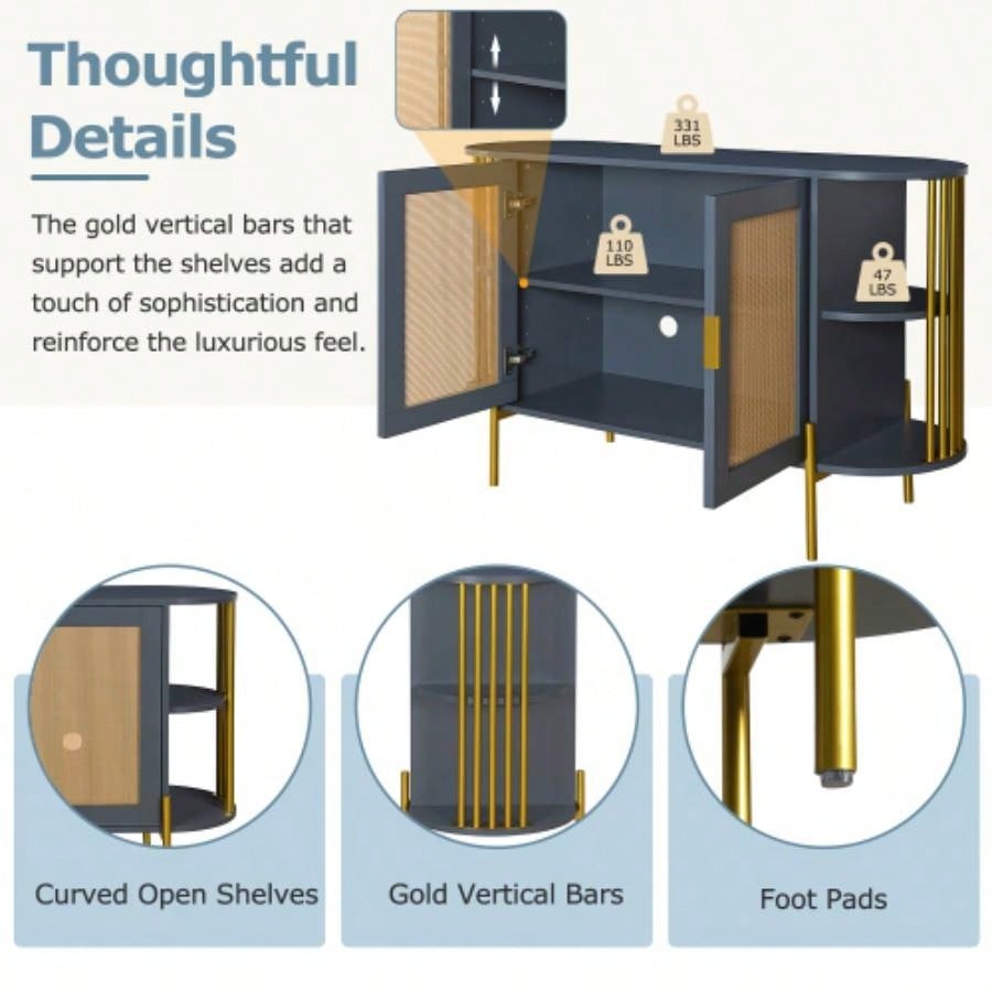 TREXM 2 - Door Elegant Curved Dining Cabinet with Gold Trim and Woven Rattan Doors Dining Room Dark Gray