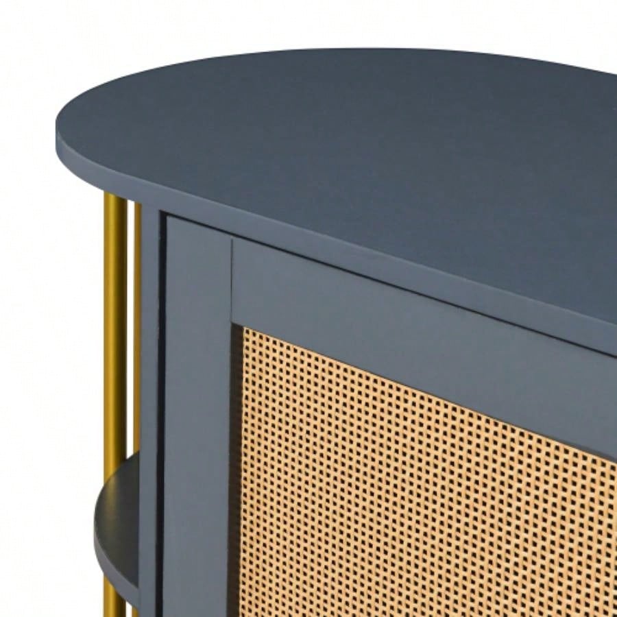 TREXM 2 - Door Elegant Curved Dining Cabinet with Gold Trim and Woven Rattan Doors Dining Room Dark Gray