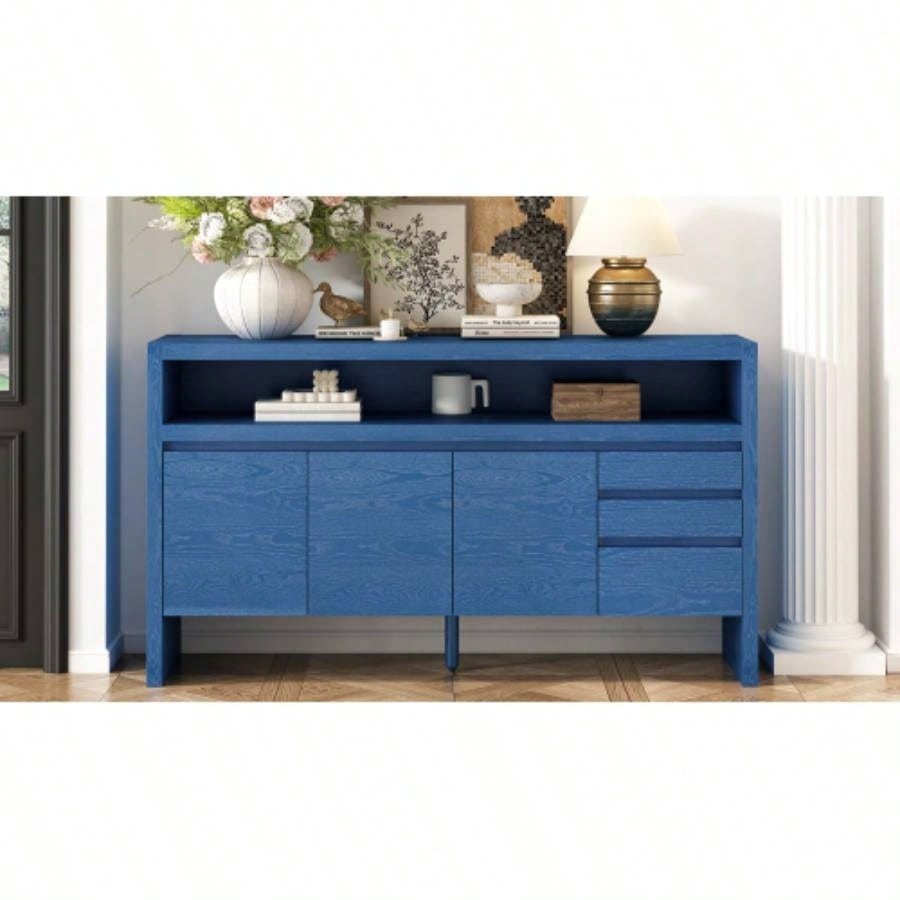 UStyle 60 3 - Door Sideboard with 3 Drawers - Modern Solid Ash Veneer MDF Sideboard, Semi - Open Shelf Center Semi - Circular Cutout in Back Panel, Large Storage Cabinet Living Room, Hallway, Dining