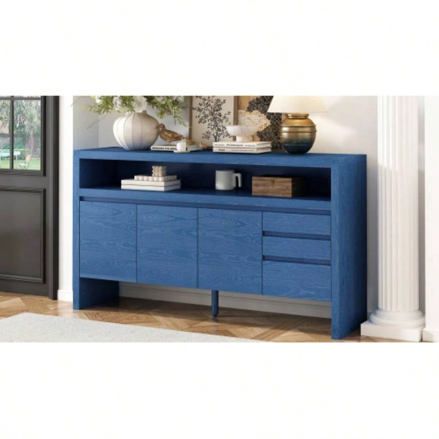 UStyle 60 3 - Door Sideboard with 3 Drawers - Modern Solid Ash Veneer MDF Sideboard, Semi - Open Shelf Center Semi - Circular Cutout in Back Panel, Large Storage Cabinet Living Room, Hallway, Dining