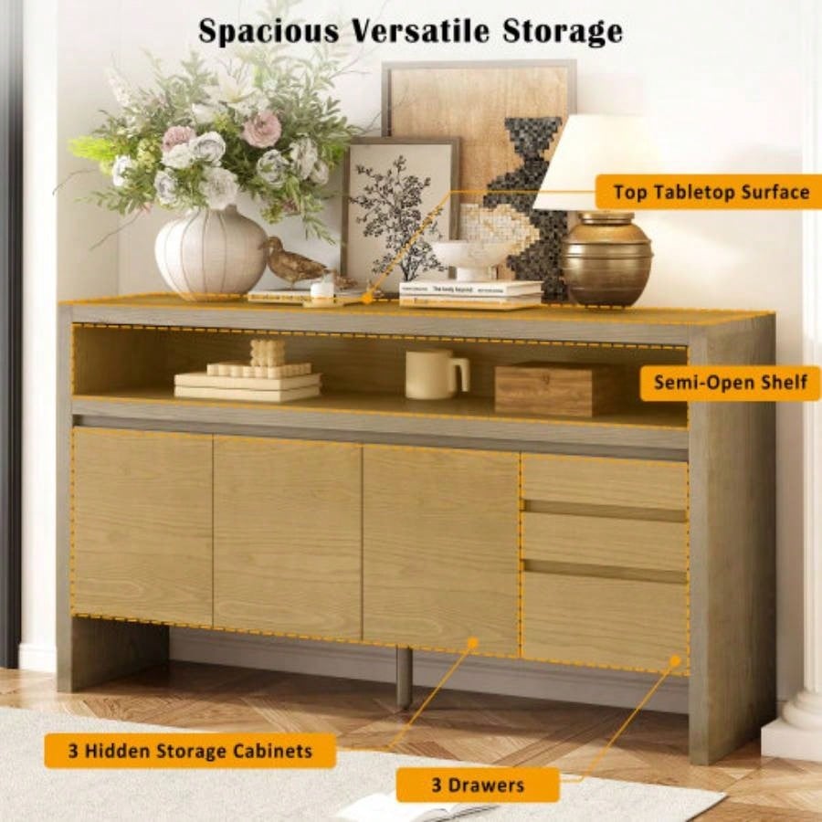 UStyle 60 3 - Door Sideboard with 3 Drawers - Modern Solid Ash Veneer MDF Sideboard, Semi - Open Shelf Center Semi - Circular Cutout in Back Panel, Large Storage Cabinet Living Room, Hallway, Dining