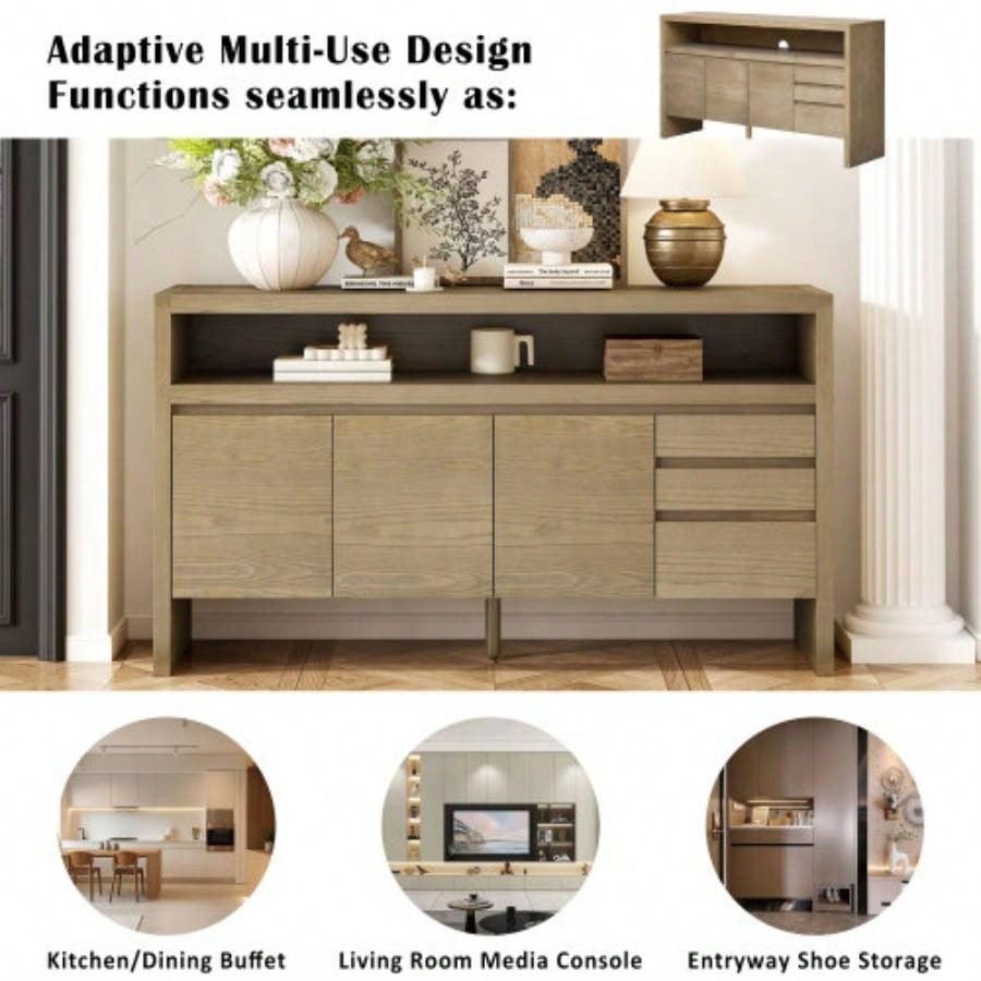 UStyle 60 3 - Door Sideboard with 3 Drawers - Modern Solid Ash Veneer MDF Sideboard, Semi - Open Shelf Center Semi - Circular Cutout in Back Panel, Large Storage Cabinet Living Room, Hallway, Dining