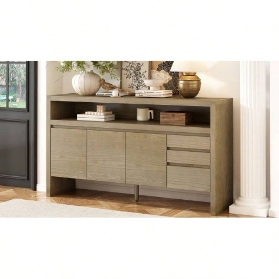 UStyle 60 3 - Door Sideboard with 3 Drawers - Modern Solid Ash Veneer MDF Sideboard, Semi - Open Shelf Center Semi - Circular Cutout in Back Panel, Large Storage Cabinet Living Room, Hallway, Dining