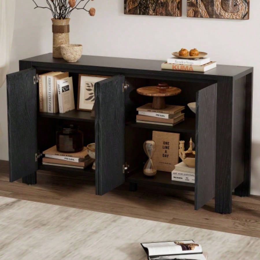 TREXM Buffet Cabinet with Storage, 4 - Door Retro Wood Sideboard with Distressed and Adjustable Shelves Dining Room, Kitchen, and Living Room Black