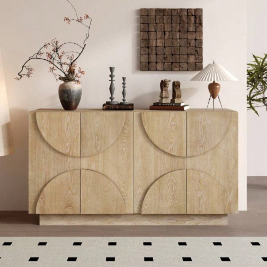 TREXM 4 - Door Large Storage Sideboard, Wood Sideboard Cabinet with Semi - Circular Handles and Adjustable Shelves Dining Room, Kitchen, and Living Room Natural